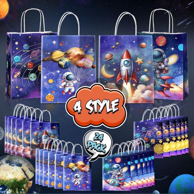 JOYGATHER 24 Pcs Astronaut Party Favor Bags with Handles - Space Galaxy Themed Solar Eclipse Goodie Gift Candy Kraft Paper Bags for Kids Birthday Party Supplies Decorations - Image 2